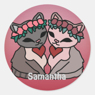 Happy Minimalist Cats with Hearts Love Classic Round Sticker