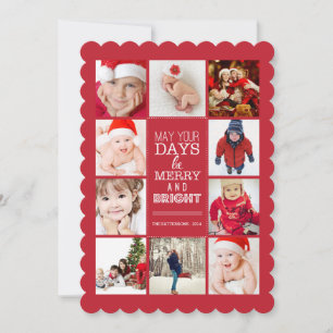 Happy Modern Merry & Bright Photo Collage Red Holiday Card