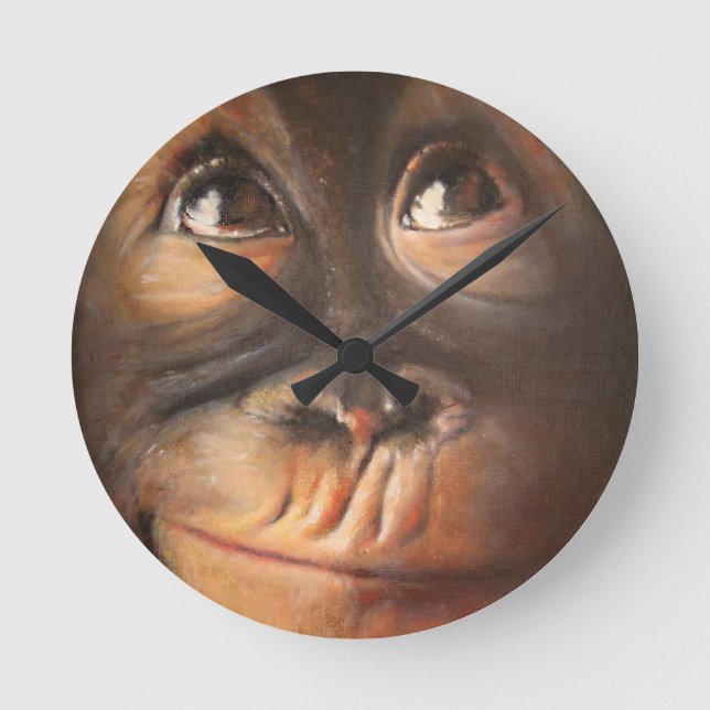 Happy Monkey Smiling Oil Painting Orangutan Round Clock (Front)