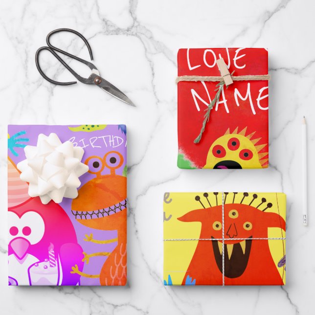 HAPPY MONSTER CUSTOM TEXT GIFT WRAP FLAT SHEETS (Front)