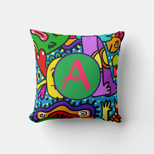 HAPPY MONSTER DOODLE CRITTERS PILLOW INITIAL