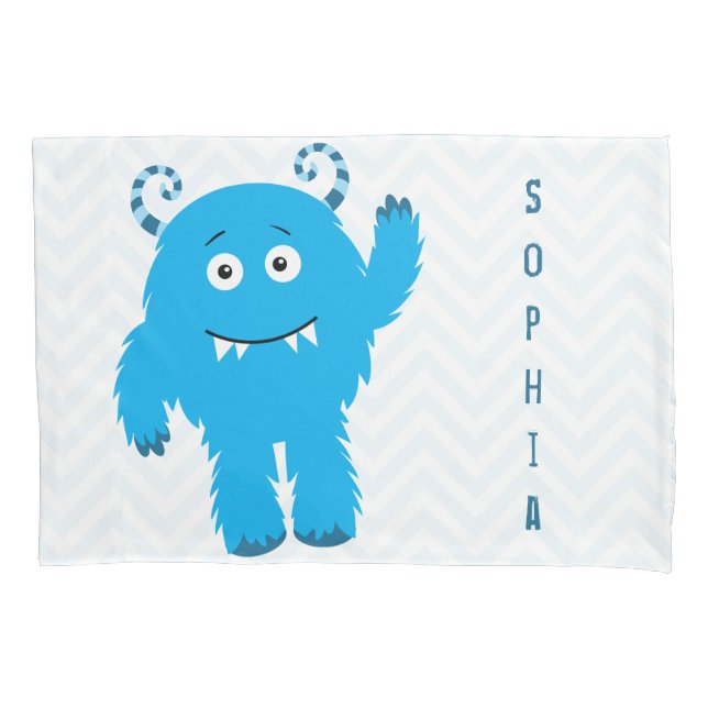 Happy Monster with First Name, Little Kid Pillowcase (Front)