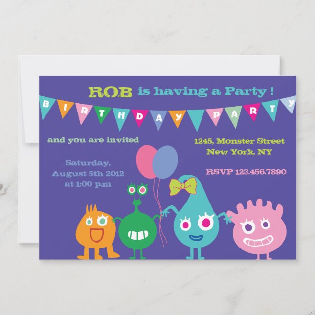 Happy Monsters -Birthday Party Invitations-purple Invitation (Front)