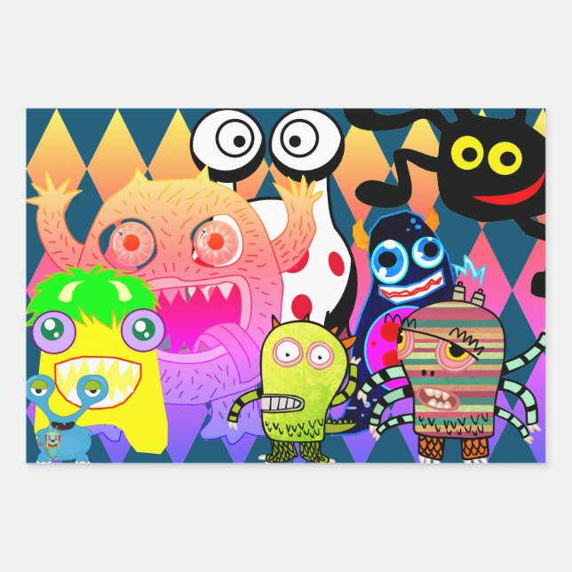 HAPPY MONSTERS Wrapping Paper Flat Sheet Set of 3 (Front)