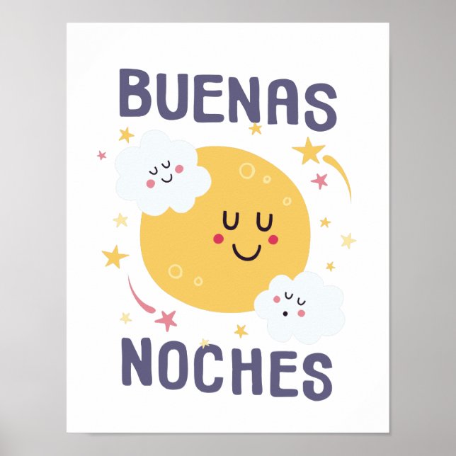 Happy Moon and Stars Nursery Art in Spanish Poster (Front)