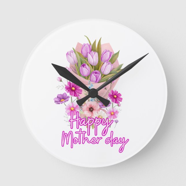 Happy Mother day Flower bouquet Round Clock (Front)