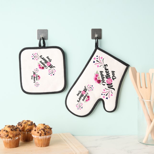 Happy Mother Day Modern Design Oven Mitt & Pot Holder Set (Insitu(Hanging))