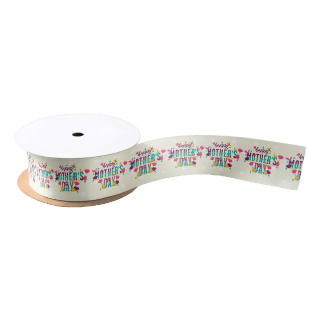 Happy Mother Day Text and Flowers Pattern Satin Ribbon (Spool)