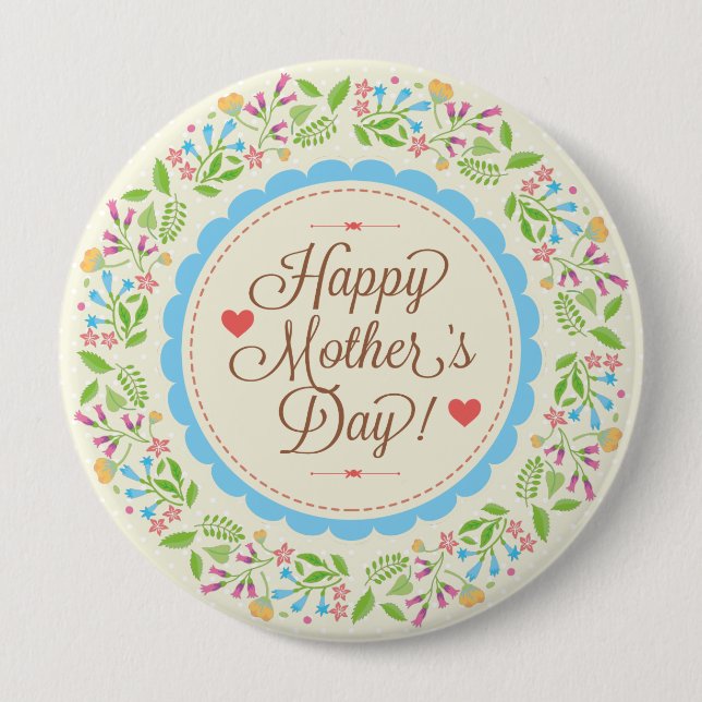 Happy Mother Day Text & Colourful Floral Wreath 10 Cm Round Badge (Front)