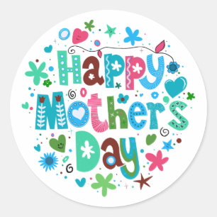 Happy Mother’s Day Blue Floral Stylish Lettering Classic Round Sticker