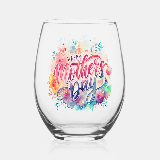Happy Mother’s Day gift wine glass, stemless Glass (Front)