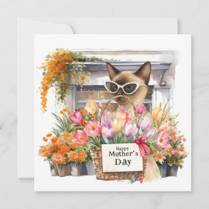 Happy Mother’s Day Siamese Cat Arranging Flowers Holiday Card