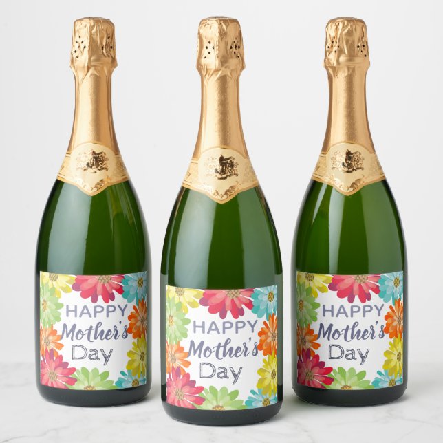 Happy Mother’s Day spring colourful flowers Sparkling Wine Label (Bottles)