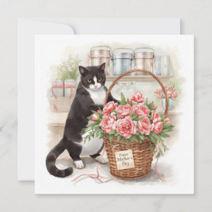 Happy Mother’s Day Tuxedo Cat Arranging Flowers Holiday Card