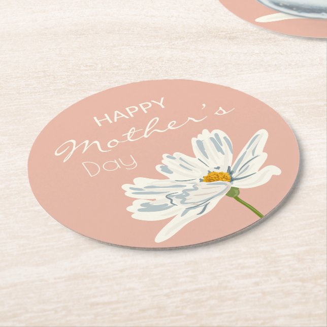 Happy Mother’s Day White  Artistic Flower  Round Paper Coaster (Angled)