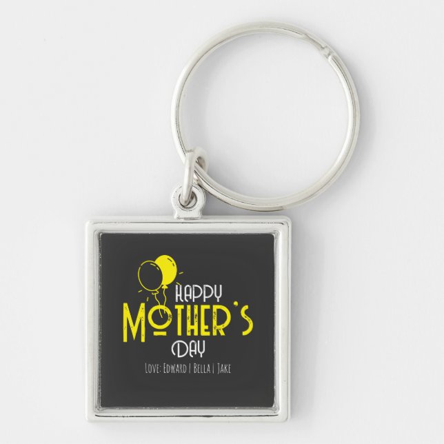 Happy Mother’s Day with Yellow Balloons & Names Key Ring (Front)