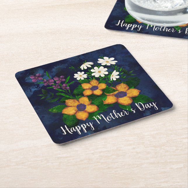 Happy Mother’s Day Yellow Purple White Flowers Square Paper Coaster (Angled)