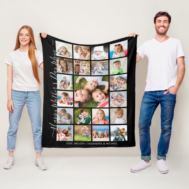 Happy Mothers Day 21 Photo Collage Script Keepsake Fleece Blanket (In Situ)