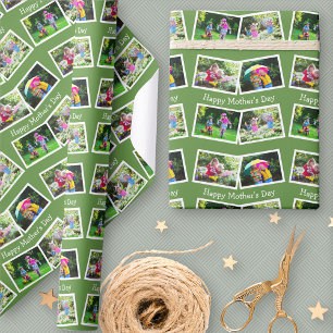 Happy Mothers Day - 4 Photo Collage Zigzag - Green Wrapping Paper