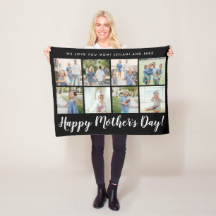 Happy Mother's Day 8 Photo Custom Message Black Fleece Blanket