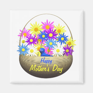 Happy Mothers Day Basket of Daisies and Blue Bird Magnet