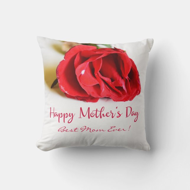 Happy Mother's Day Best Mum Ever + Single Red Rose Cushion (Front)