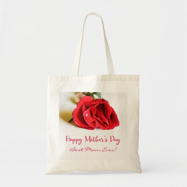 Happy Mother's Day Best Mum Ever + Single Red Rose Tote Bag (Front)