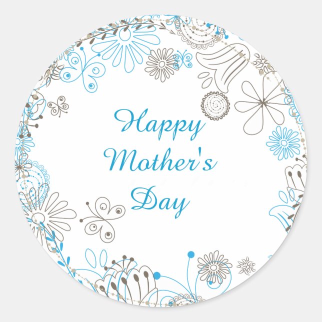 Happy Mother's Day Blue Flowers Classic Round Sticker (Front)