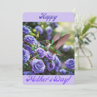 Happy Mother's Day Bluish Purple Roses Hummingbird Holiday Card
