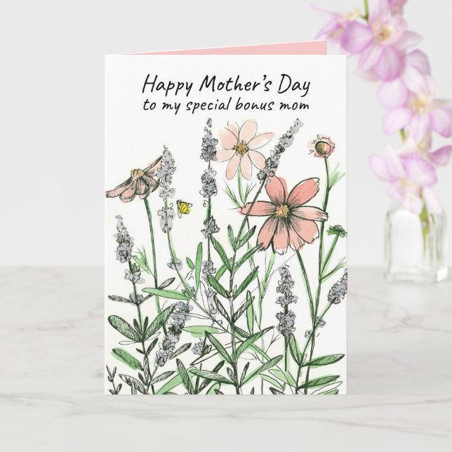 Happy Mother's Day Bonus Mom Honeybee Wildflowers Card (Orchid)