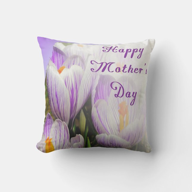 Happy Mother's Day Bright Purple and White Tulips Cushion (Front)