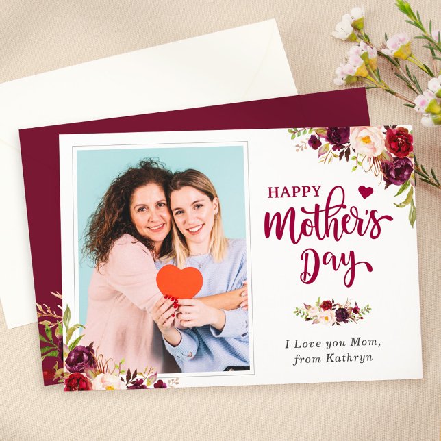 Happy Mother's Day Burgundy Red Floral Photo Card (Creator Uploaded)