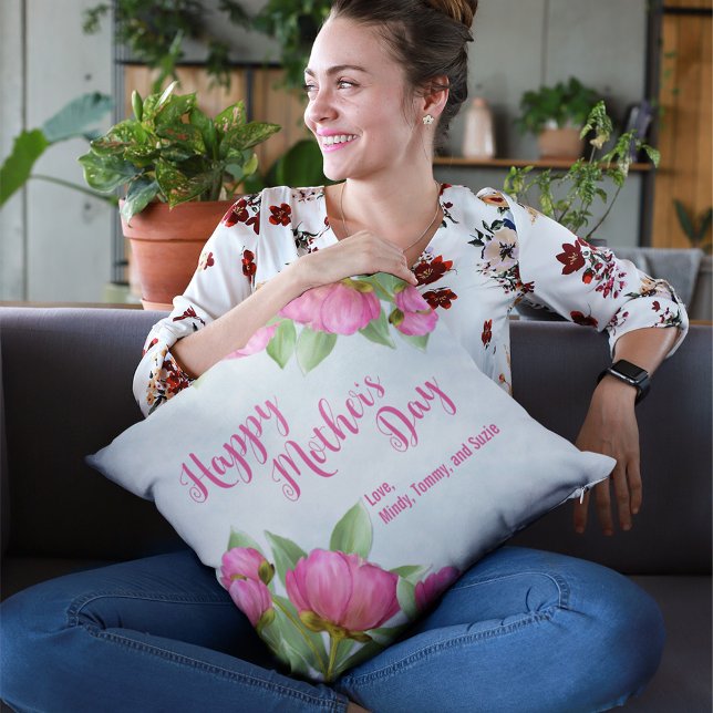 Happy Mother's Day Chic Pink Floral Cushion (Pink floral Mother's Day Pillows)