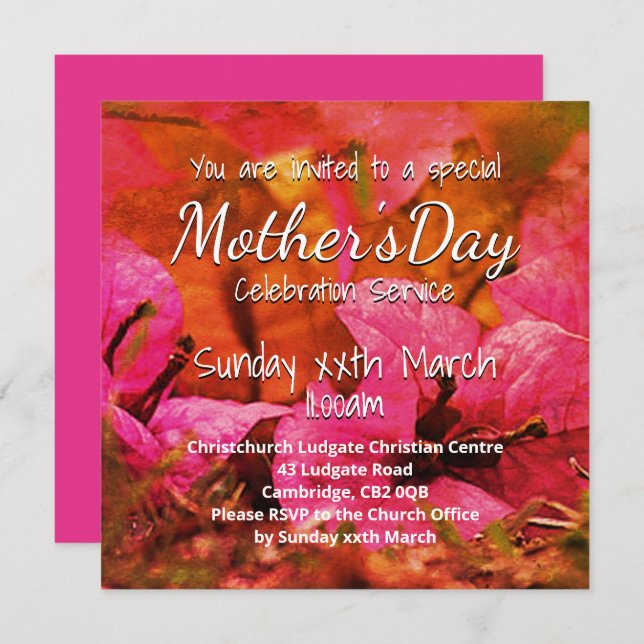 HAPPY MOTHER'S DAY Church Service Pink Floral Invitation (Front/Back)