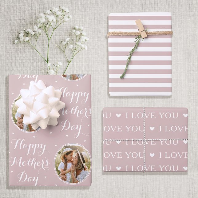 Happy Mother's Day Custom Photo Dusty Pink 3 Wrapping Paper Sheet (Creator Uploaded)