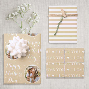 Happy Mother's Day Custom Photo Pale Gold 3 Wrapping Paper Sheet