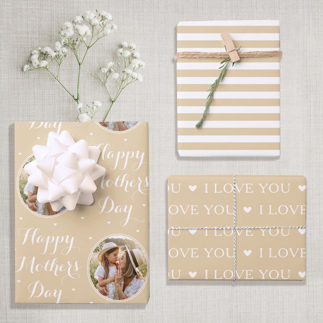 Happy Mother's Day Custom Photo Pale Gold 3 Wrapping Paper Sheet (Creator Uploaded)