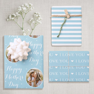 Happy Mother's Day Custom Photo Pastel Blue 3 Wrapping Paper Sheet