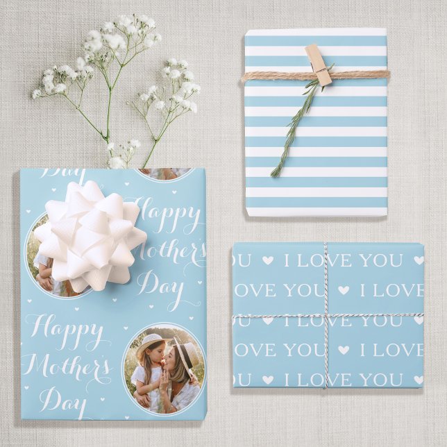 Happy Mother's Day Custom Photo Pastel Blue 3 Wrapping Paper Sheet (Creator Uploaded)