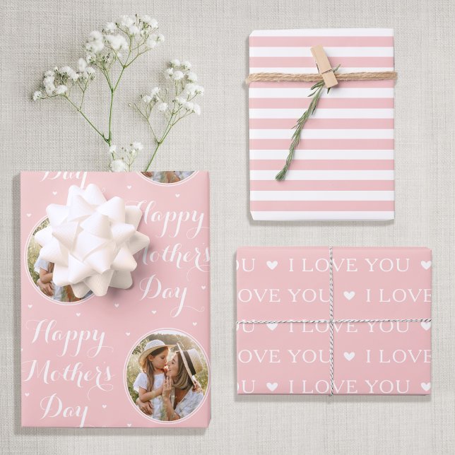Happy Mother's Day Custom Photo Pastel Pink 3 Wrapping Paper Sheet (Creator Uploaded)