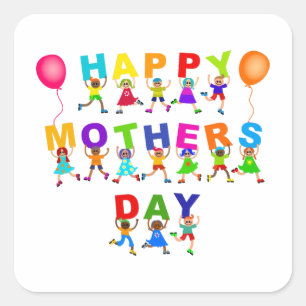 Happy Mothers Day Cute Cartoon Diverse Kids Text Square Sticker