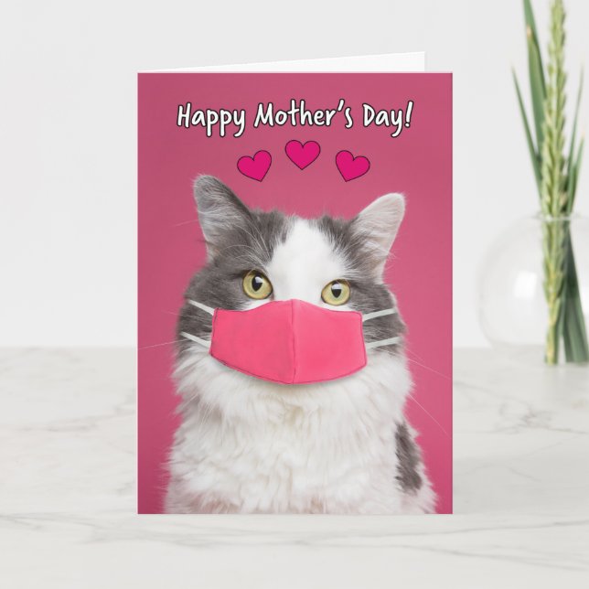 Happy Mother's Day Cute Cat in Pandemic Face Mask Holiday Card (Front)