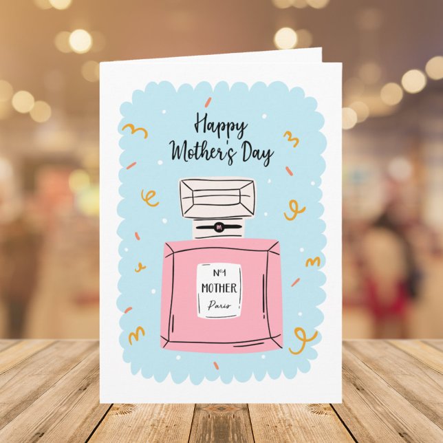Happy Mothers Day Cute Pink Perfume on Blue  Card (Close up)