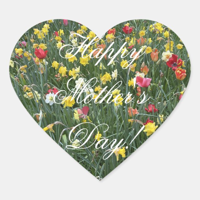 Happy Mother's Day Daffodil Flowers Tulips Floral Heart Sticker (Front)