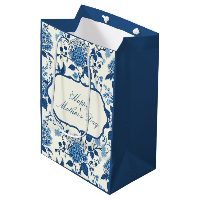 Happy Mother's Day Elegant Blue Chinoiserie Floral Medium Gift Bag (Front Angled)