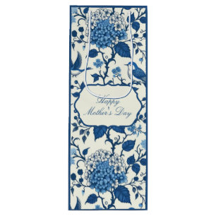 Happy Mother's Day Elegant Blue Chinoiserie Floral Wine Gift Bag