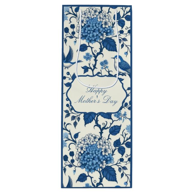 Happy Mother's Day Elegant Blue Chinoiserie Floral Wine Gift Bag (Front)