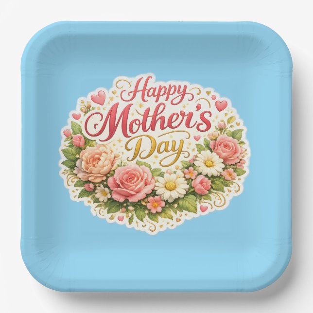 Happy Mother's Day elegant floral wreath blue Paper Plate (Front)