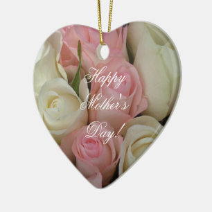 Happy Mother's Day Elegant Pink White Roses Floral Ceramic Ornament