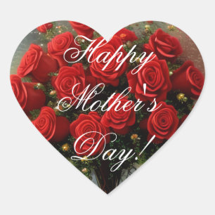 Happy Mother's Day Elegant Red Roses Floral Heart Sticker